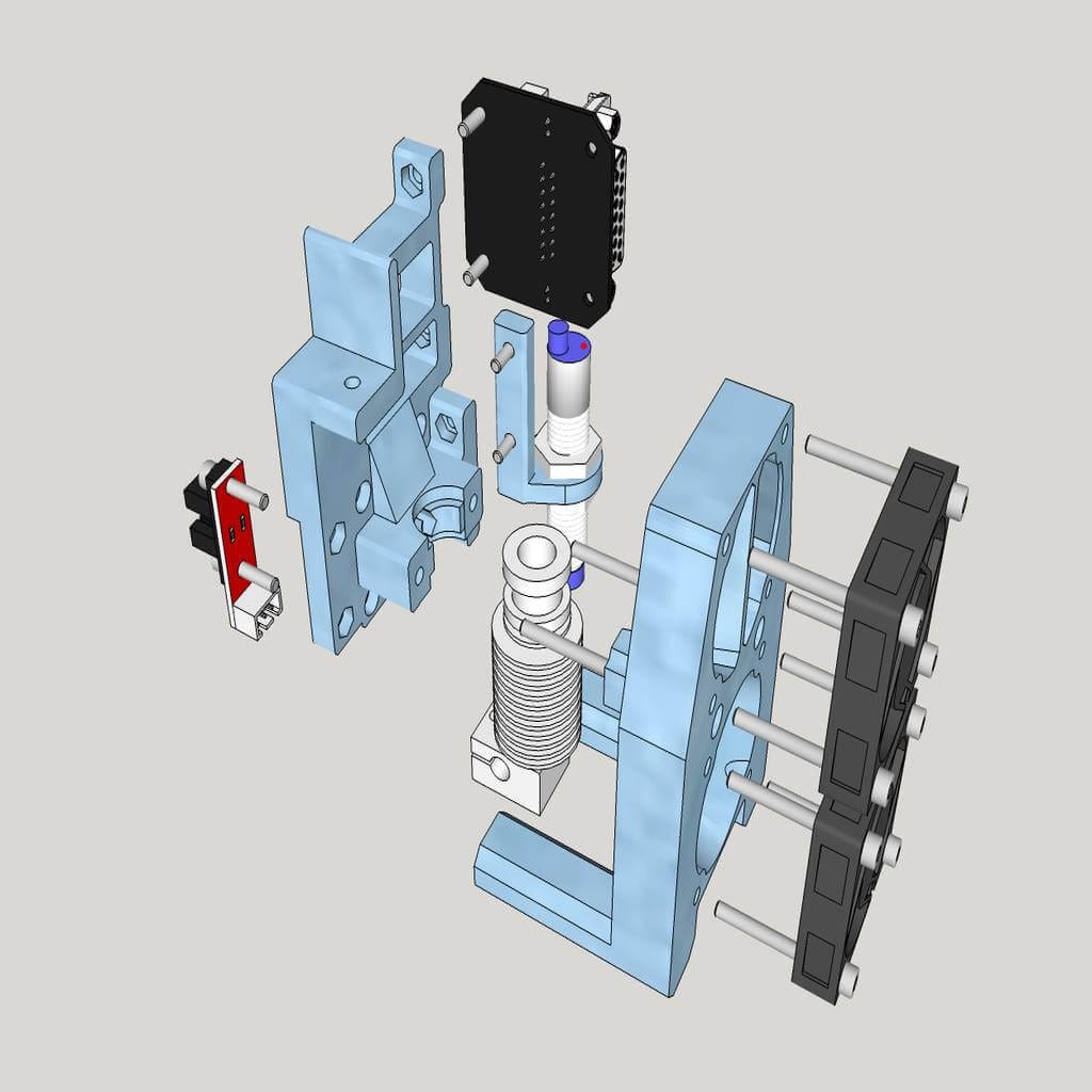 Close-up of HEVO hotend mount showing two 40mm fans