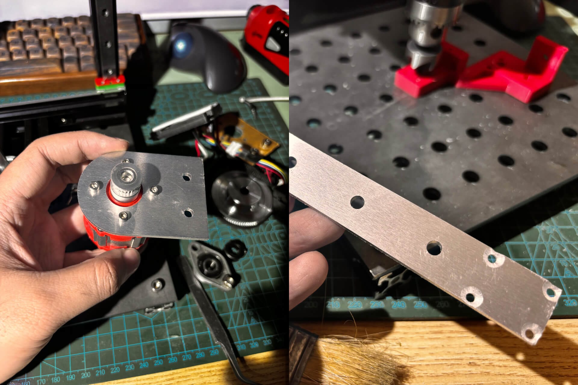 Hand holding aluminum motor mount plate with brushless motor attached and small GT2 pulley visible on shaft