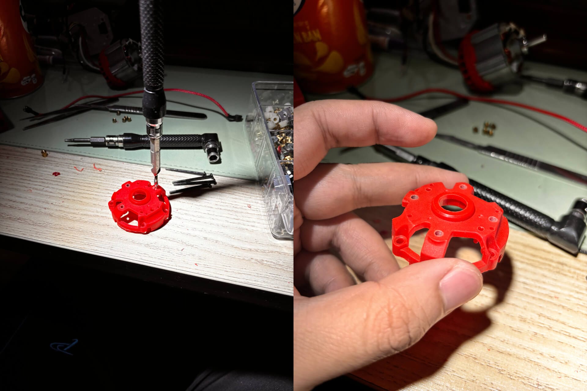 Precision screwdriver tapping into red brushless motor housing on workbench with screws laid nearby.